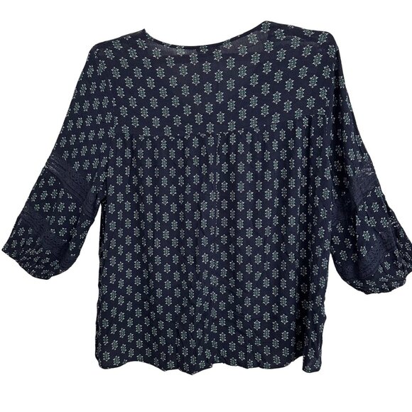 loralette Womens 3X Navy Floral Boho V-Neck Peasant Top 3/4 Sleeves Hippie - Picture 2 of 7